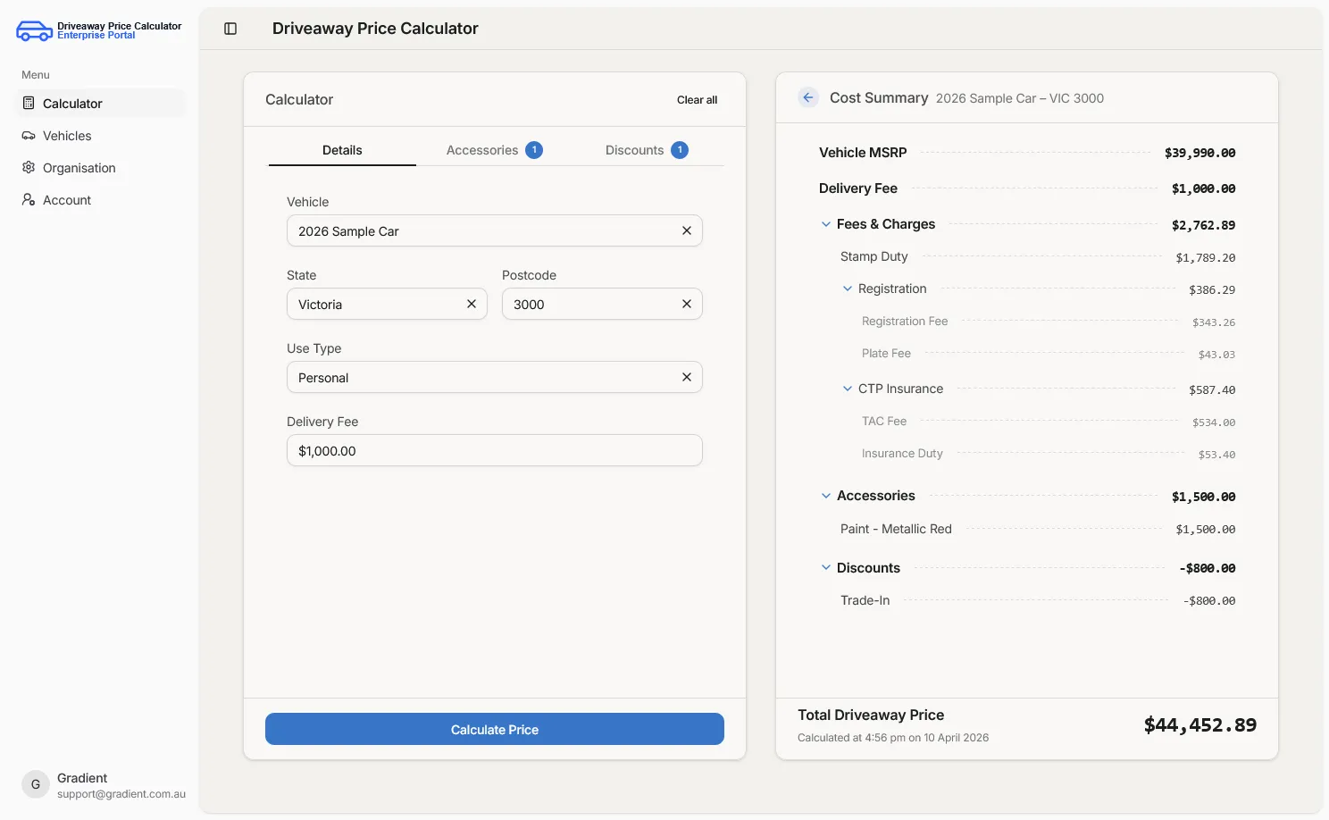 Driveaway Price Calculator enterprise portal with calculator details and cost summary
